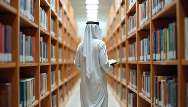 Saudi Arabian student wearing traditional white thobe walks through library aisle filled with bookshelves. Young scholar holds book, seeking knowledge among literature. Represents learning, - Powered by Adobe
