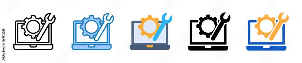 Poster laptop multiple style icons set design vector illustration.
