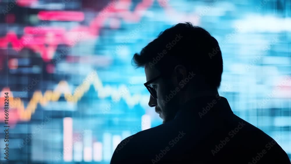 Poster a professional individual is viewed from behind while examining colorful graphical data displays.