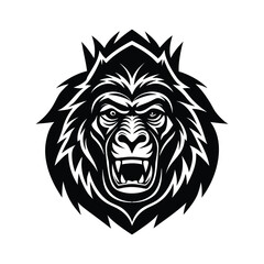 Fierce black and white gorilla head emblem with intense eyes and open mouth