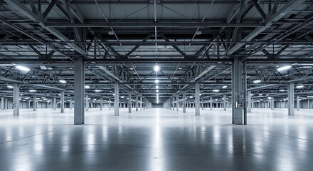 An expansive, industrial space, bathed in the soft glow of numerous lights, features a polished concrete floor reflecting the overhead structure.