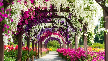 Flower-draped pergola walkway with vibrant petunias in full bloom, creating a colorful tunnel effect.