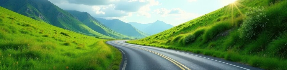 Naklejka premium Curving asphalt road through lush green hills , clouds, sun
