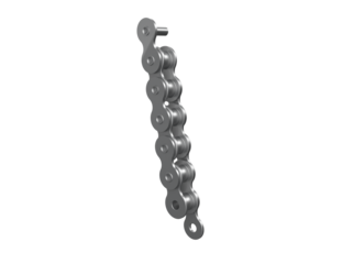 Sturdy silver metal assembly roller chain component, a highly detailed precision engineering structure for automotive or bicycle drive systems, isolated on a professional transparent background.
