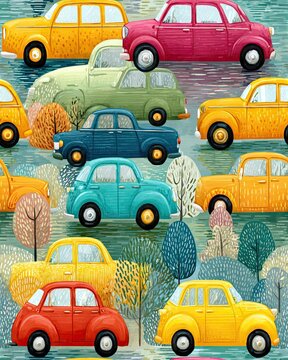 Fototapeta retro seamless vintage car pattern – Vibrant Retro Cars Illustration with Colorful Trees - Seamless Pattern