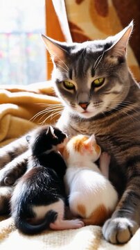 Jolie maman chat avec ses chatons.