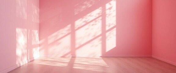 Obraz premium Soft pink wall, dappled light, empty space, shadow play on floor, mockup, aesthetic