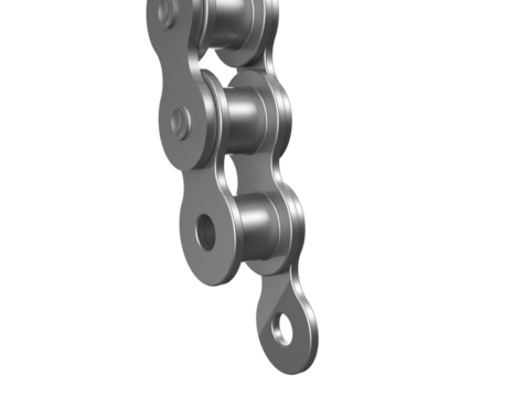 Sturdy silver metal assembly roller chain component, a highly detailed precision engineering structure for automotive or bicycle drive systems, isolated on a professional transparent background.
