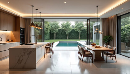 Fototapeta premium Luxury villa interior design features open-plan kitchen, living area. Modern, contemporary aesthetic with marble countertops, large island, dining space. Large windows provide bright, sunlit view of