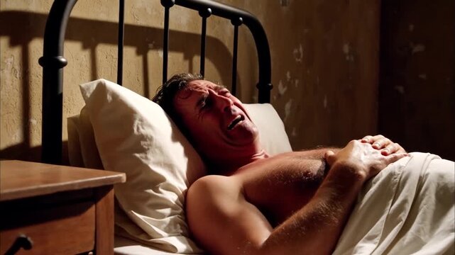 Homme soufrant dans une chambre sombre.