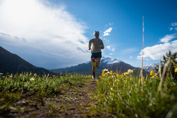 Obraz premium Trail runner running on the high altitude grassland mountain top trail