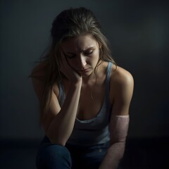 Young Depressed Woman with Bandaged Arm Experiencing Emotional Distress and Mental Health Struggle in Dark, Moody Setting