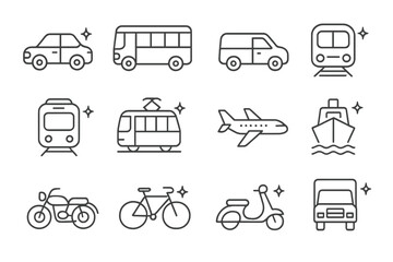 Various modes of transportation displayed in a clean and simple style including cars, buses, and planes