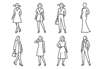 Fashion illustration featuring eight diverse female outfits for various occasions in a minimalist style