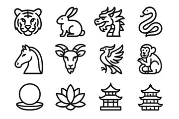 Various animal and symbol icons representing zodiac signs and cultural motifs in simple line art style