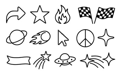 Collection of simple line icons featuring stars, arrows, and various space-themed symbols designed for creative projects