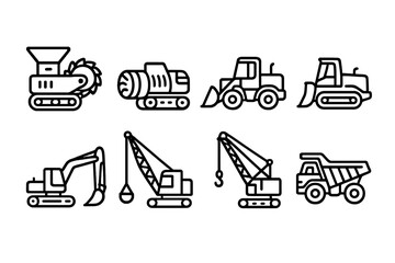 Construction machinery and heavy equipment icons in black and white design for industrial themes
