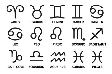 Collection of zodiac symbols representing astrological signs displayed in black on a white background