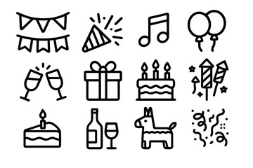 Celebration symbols and party elements including balloons, cake, and confetti for festive occasions and events