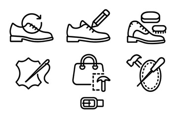Shoe repair process illustrated through simple line drawings showing various steps and tools used in the craft