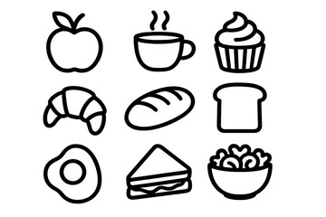 Various delicious breakfast items including fruits, baked goods, and beverages arranged in a creative layout
