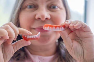 Dental retainers, Positive aging photography showcasing mature woman's genuine happiness and...