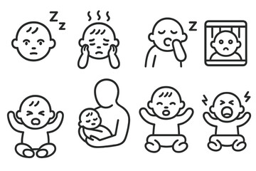 Variety of baby expressions including tired, upset, and calm while interacting with caregiver
