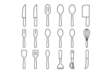 Kitchen utensils including knives, forks, spoons, and whisks arranged for a culinary project or recipe preparation