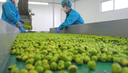 Workers in blue uniforms sort green olives on a conveyor belt in a clean, industrial setting