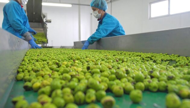 Workers in blue uniforms sort green olives on a conveyor belt in a clean, industrial setting