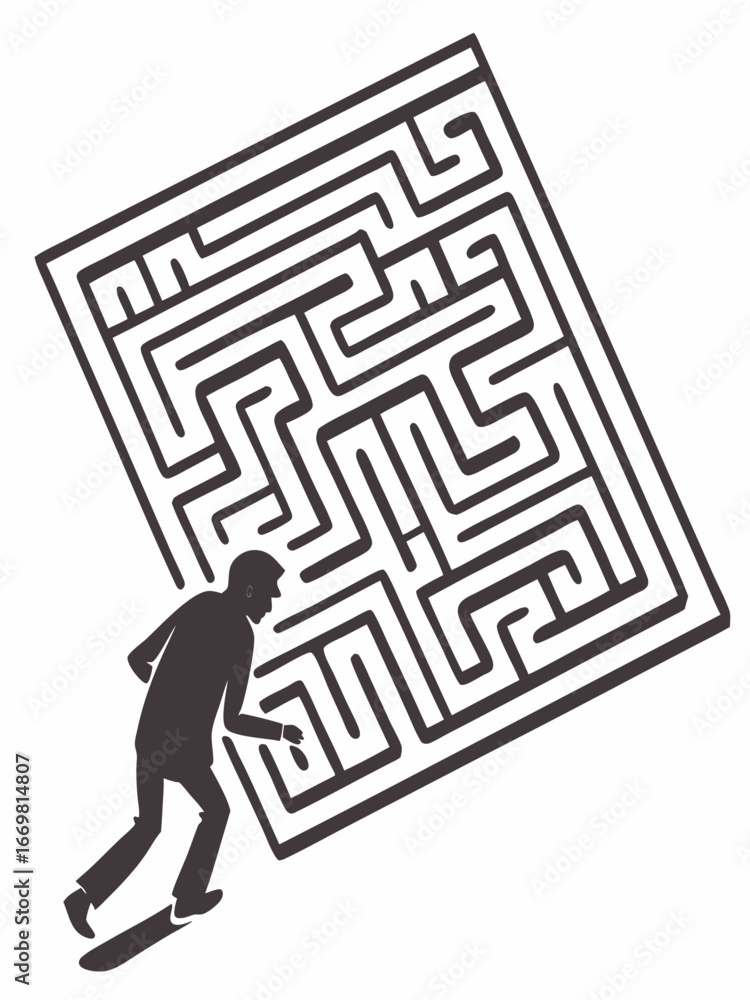 Poster minimilist silhouette of a man on a skateboard facing a large square maze with complex pathways and 