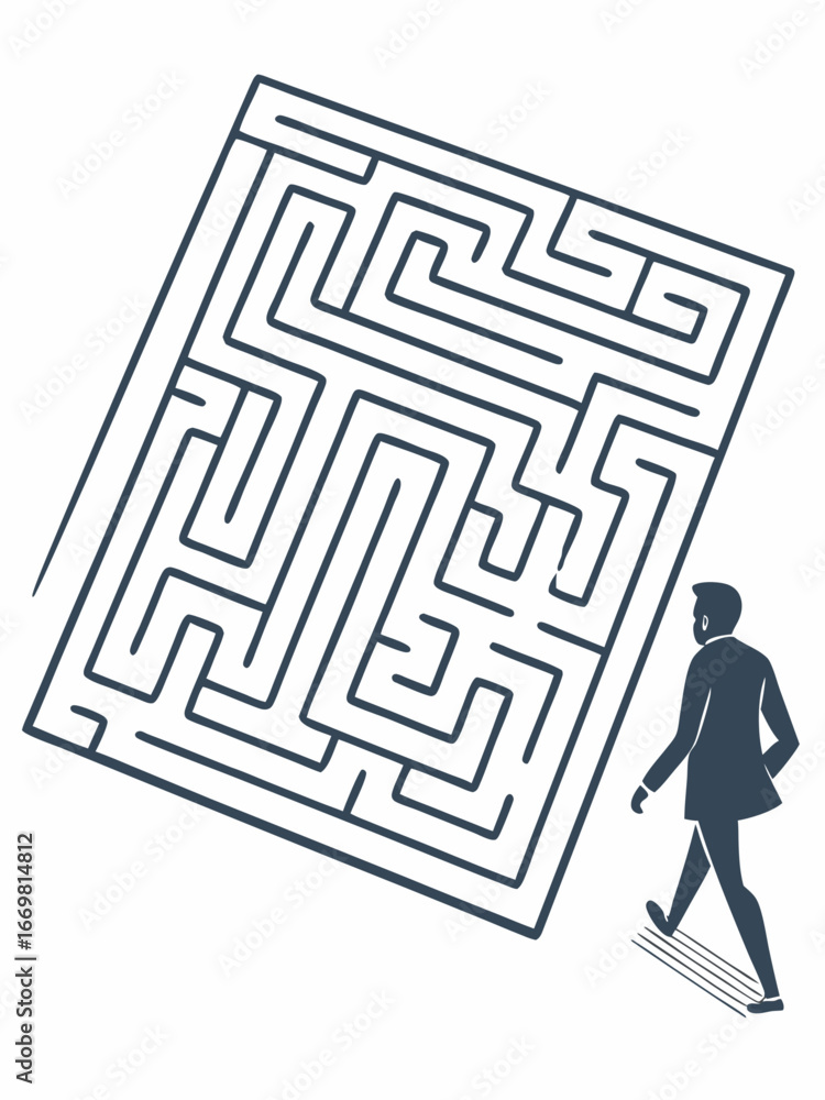 Poster minimilist man in suit approaching a large square maze with complex path ways and a singular entranc