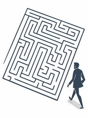 Minimilist man in suit approaching a large square maze with complex path ways and a singular entrance point shown vector