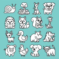 Cute Animal Line Art Set, Cartoon Vector Animals, Black and White Animal Doodle for Kids