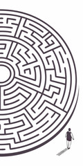 Minimilist person standing before a complex circular maze with winding paths and a central target area design concept vector