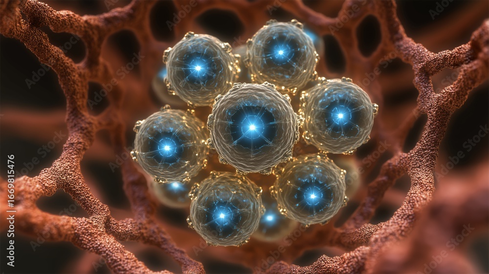 Aufkleber observing intricate cellular formations illuminated softly within a detailed biological framework.