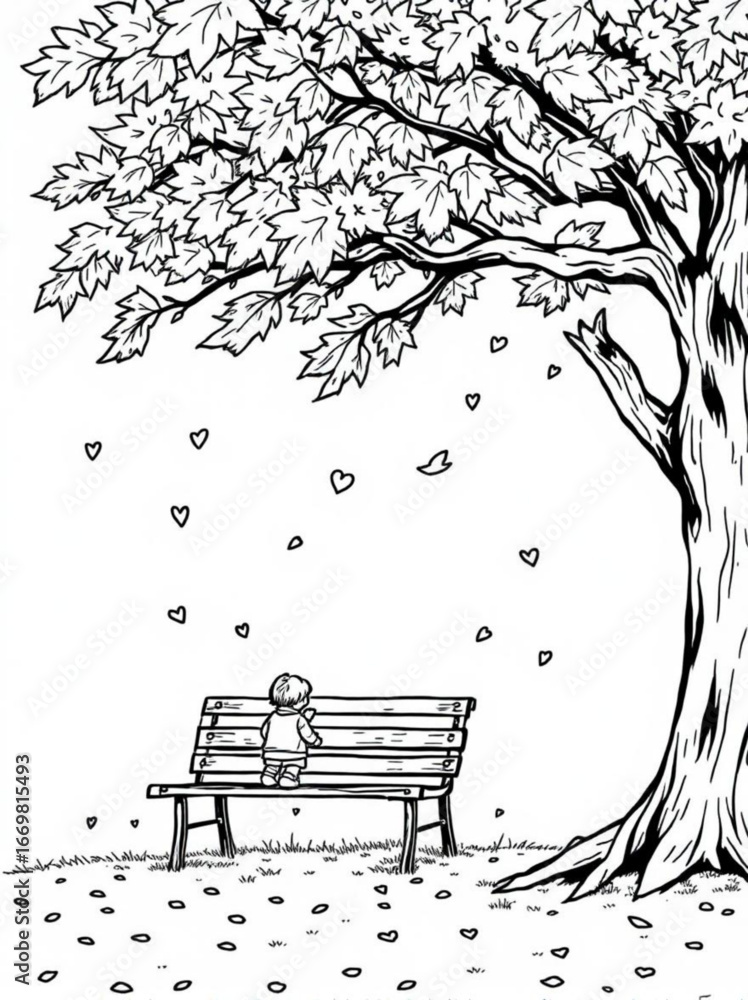 Poster minimilist a child sits on a bench under a large tree with heart shaped leaves falling around them i