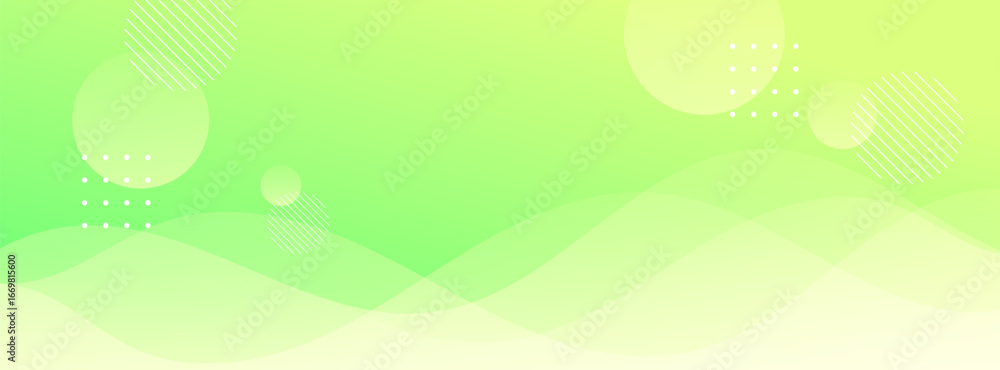 Poster vibrant green and yellow abstract background with dynamic wavy lines and geometric circular elements