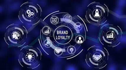 Brand loyalty conceptual illustration featuring business strategy and iconography on blue background