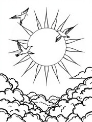 Minimilist birds flying around the sun above a sea of clouds in a black and white line drawing illustration vector