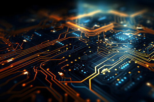 Close-up of a Neon Circuit Board with Glowing Orange Lines and Blue Lights