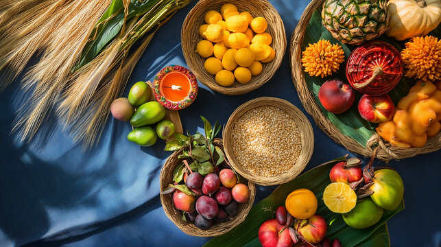 Chhath Puja Sun Worship Concept. Flat lay of sugarcane, fruits, diya, wheat baskets on cloth