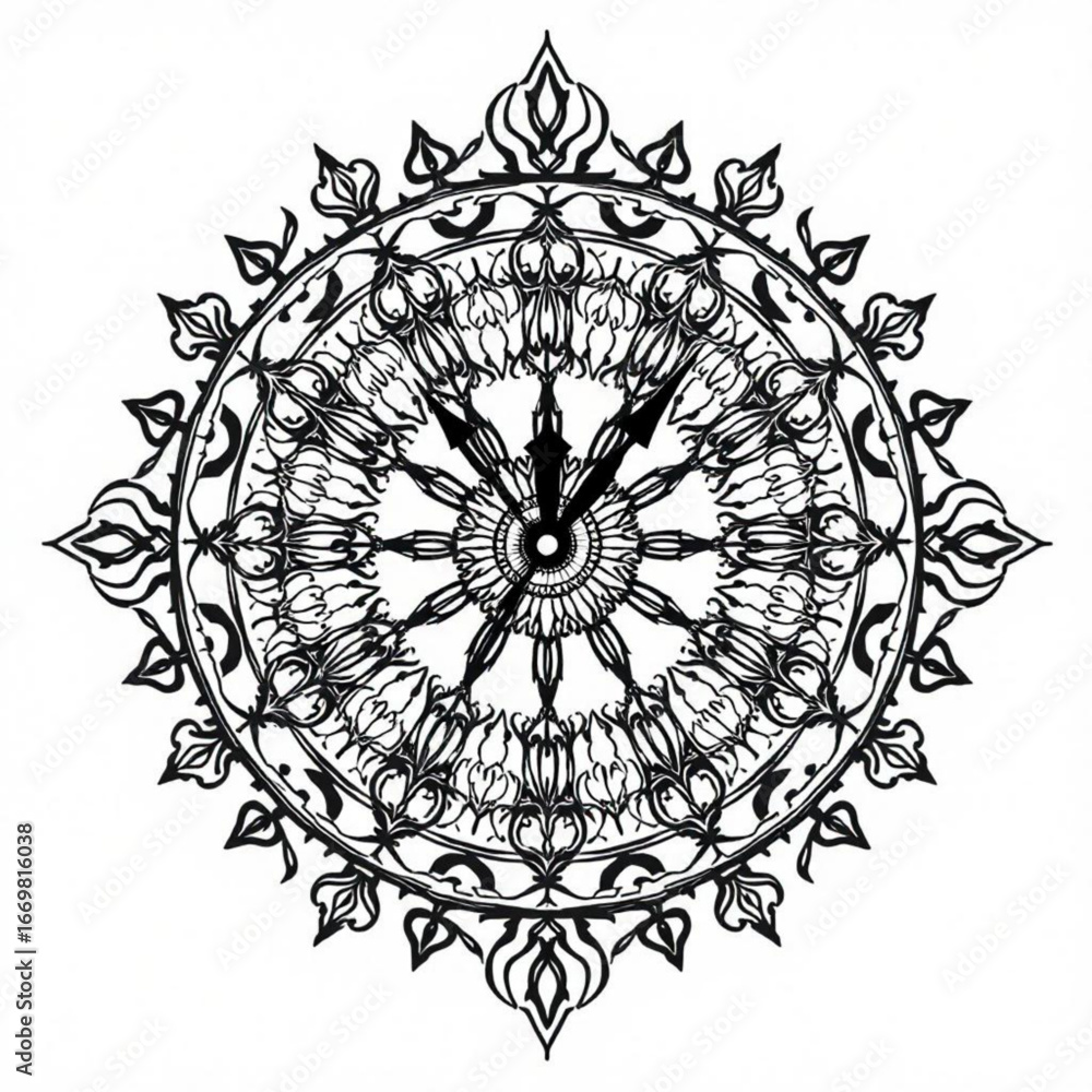 Poster minimilist detailed black and white clock face with ornate floral and leaf patterned circular border
