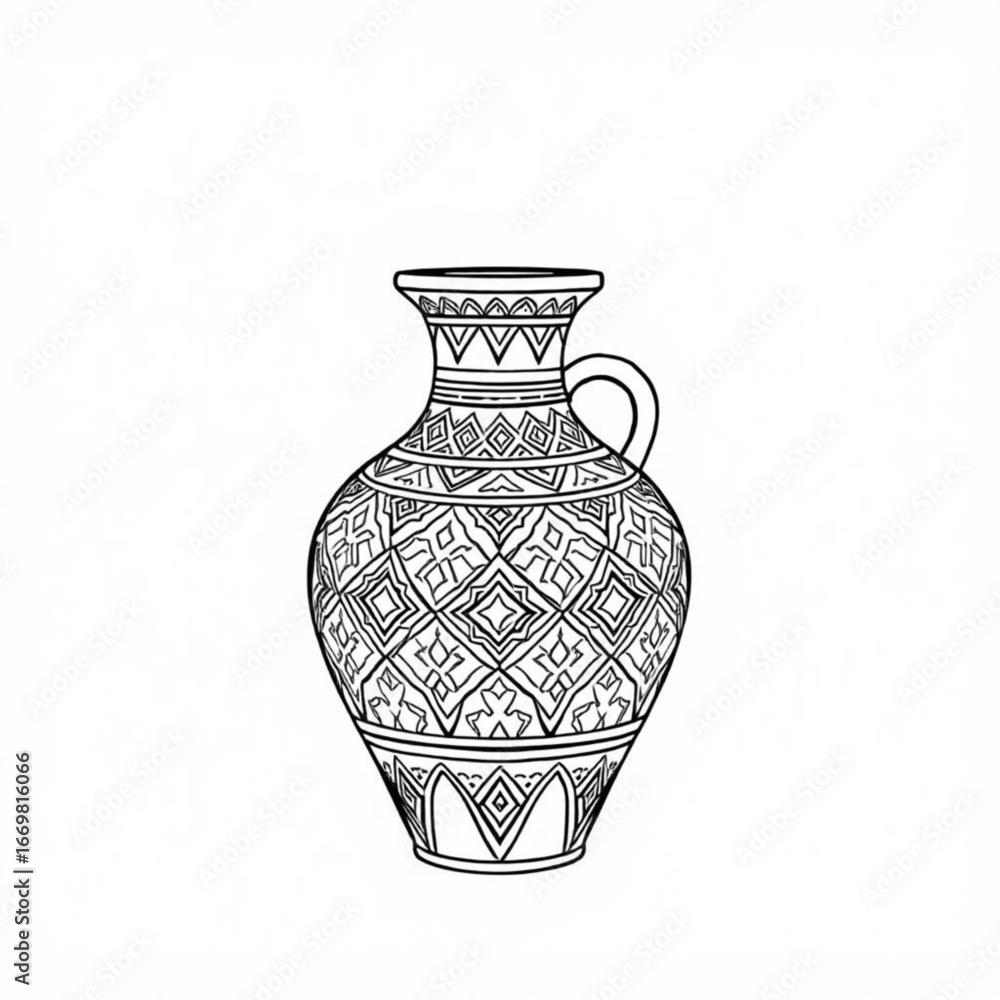 Poster minimilist detailed line art illustration of an ornate vase with geometric patterns and a handle on 