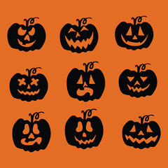 Collection of Vector Halloween Pumpkin Silhouettes on Orange