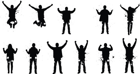 Happy people silhouette, jumping and celebrating poses, freedom expression, success illustration, victory gesture, energy concept, motivational design, celebration vector art