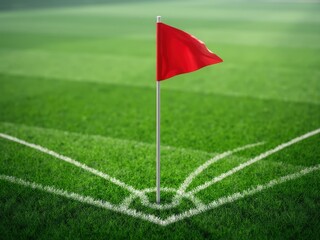 Fototapeta premium Red corner flag standing firmly on green football ground with visible white boundary lines 