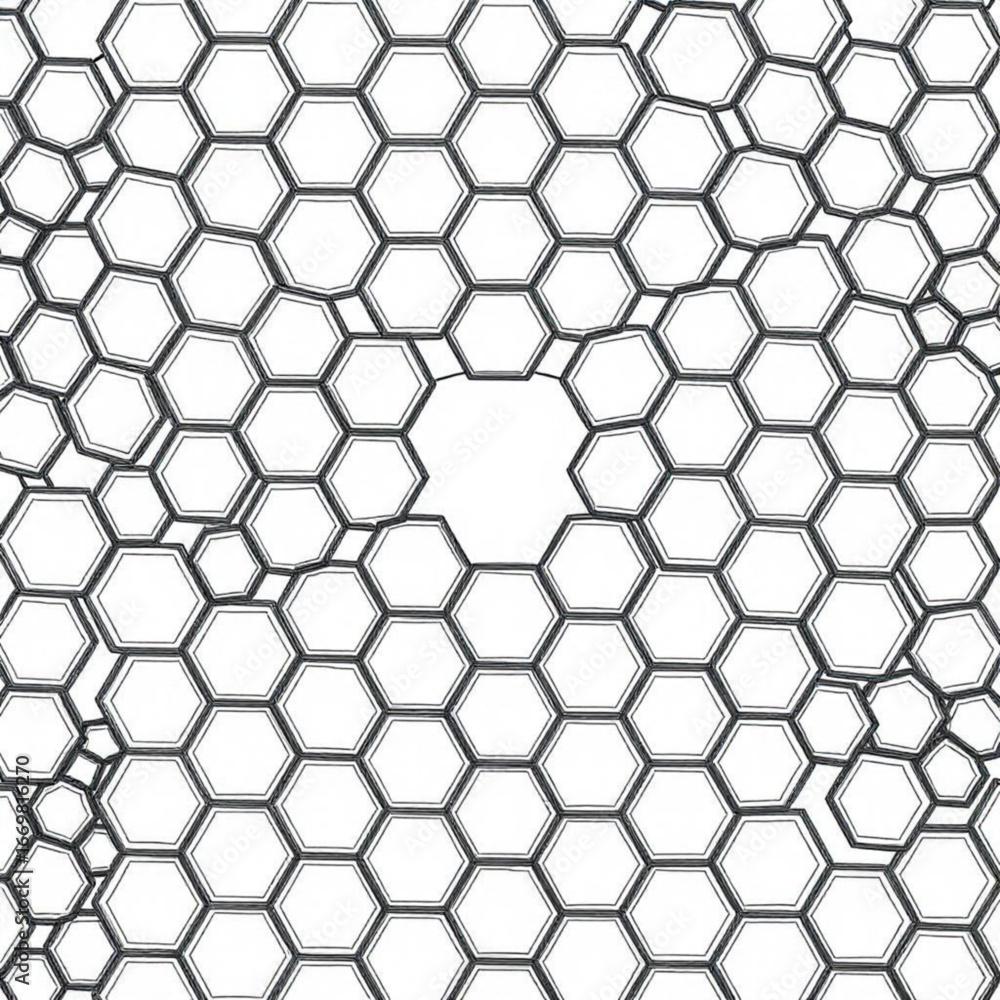 Poster minimilist hexagonal pattern with central void and distorted cells creating an abstract design eleme