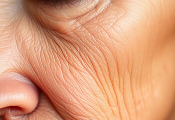 Fototapeta premium Close-up half-face view of mature skin, showing texture and lines Focus on dry skin, ideal for anti-aging skincare ads, skin care, close-up