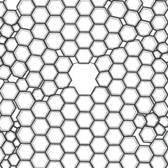 Minimilist hexagonal pattern with central void and distorted cells creating an abstract design element art vector